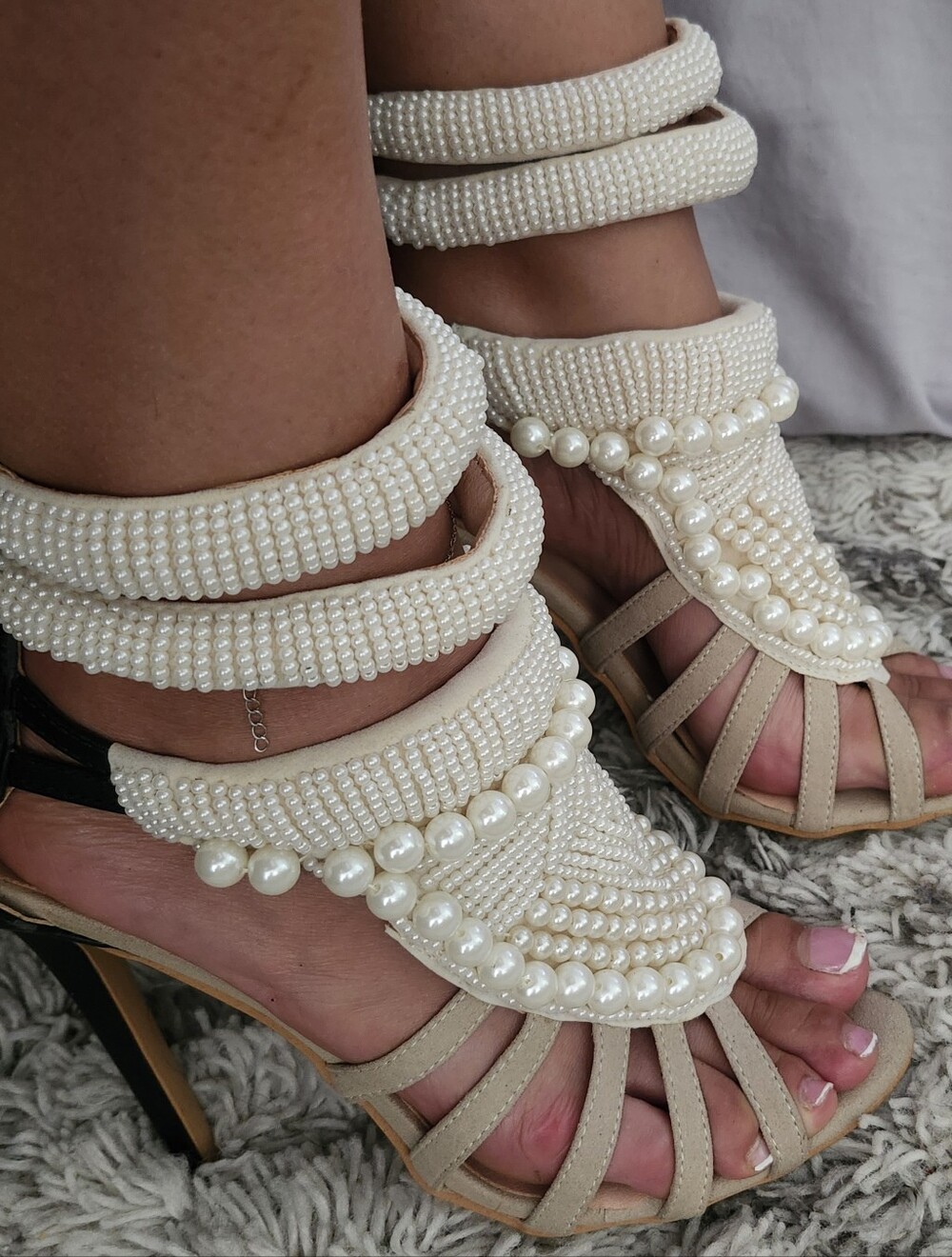 Pearl-Embellished Cream Strappy Heels